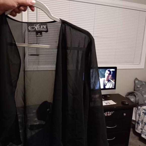 Alex Evenings Black Sheer Layered Open-Front Shrug - Picture 7 of 11